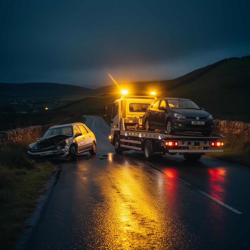 Tow truck recovering vehicle at night