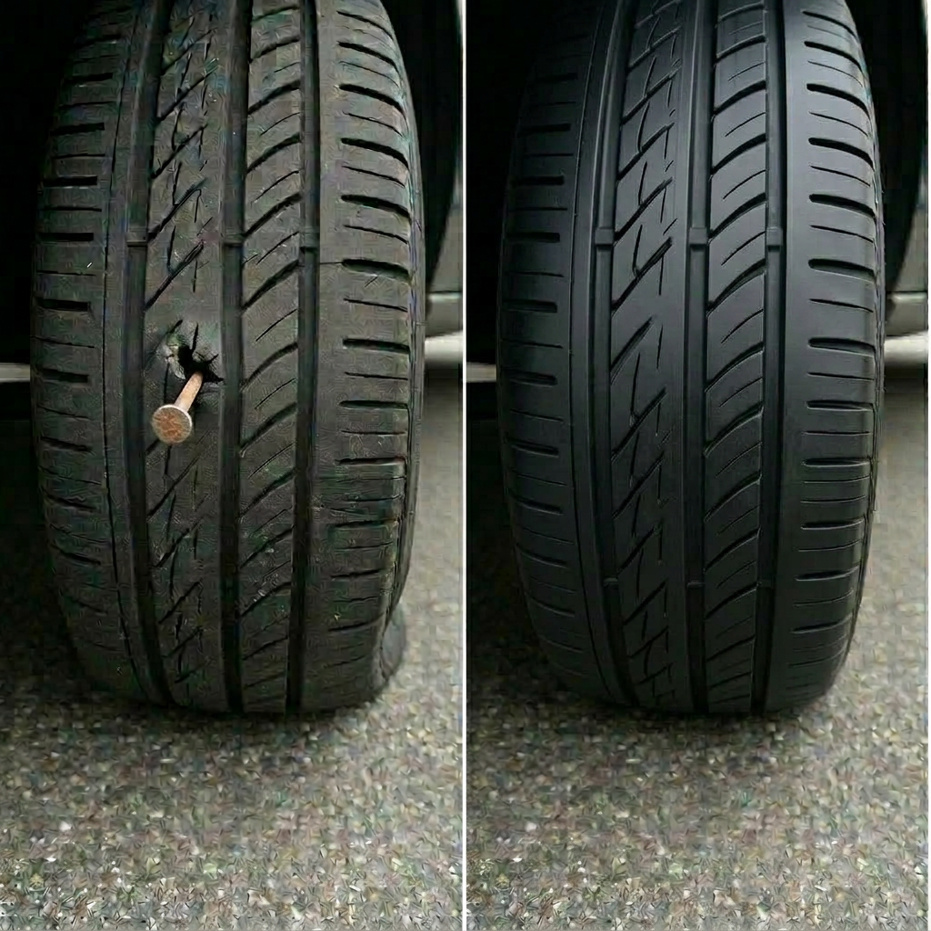 Mechanic repairing tyre puncture